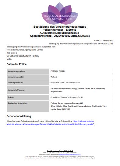 Versicherung ausgestellt bis zum 15.10.2025